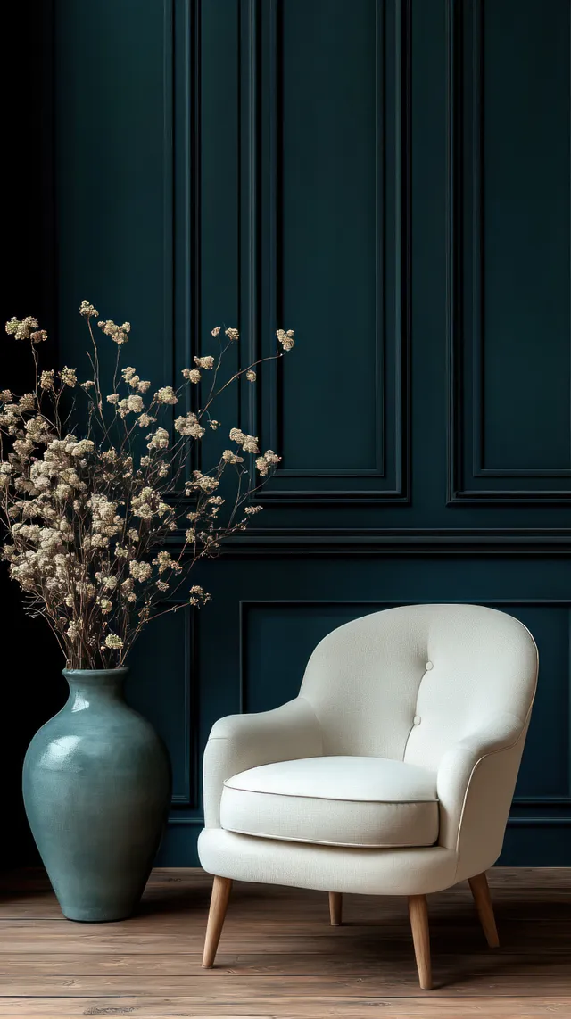 White upholstered armchair beside ceramic vases with dried flowers against dark teal paneling