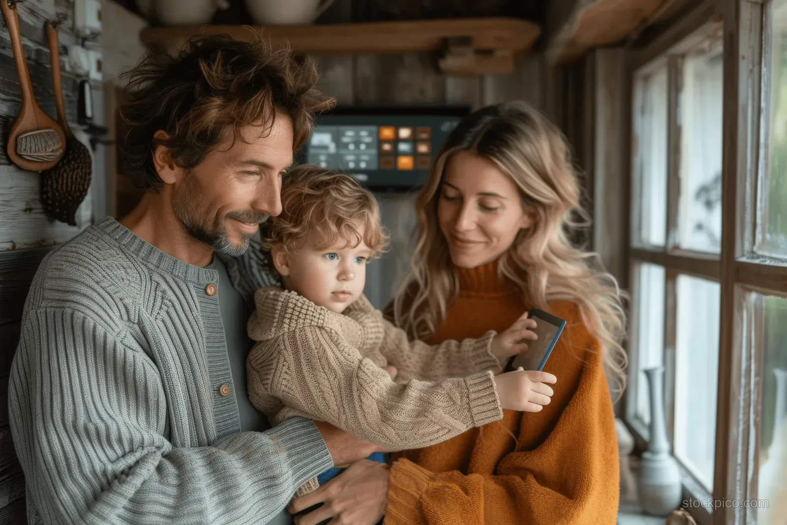 Family adjusting a smart thermostat temperature display in a cozy living room near a bright window.