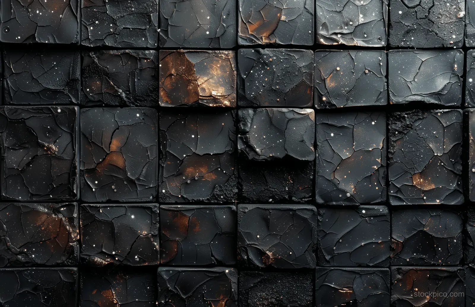 Close-up of grimy black mosaic ceramic tiles arranged in a square grid with dark grout lines.