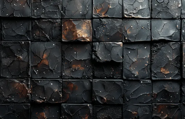 Grimy black mosaic ceramic tile texture with dark grout lines in a tight square grid