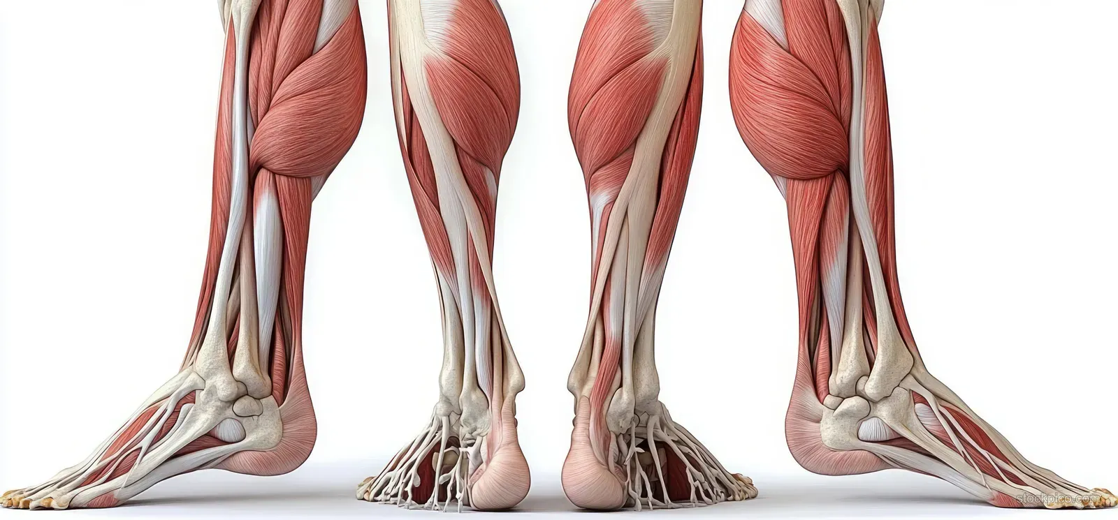 An anatomical cutaway illustration shows leg muscles and bones from front and back views on a white background.