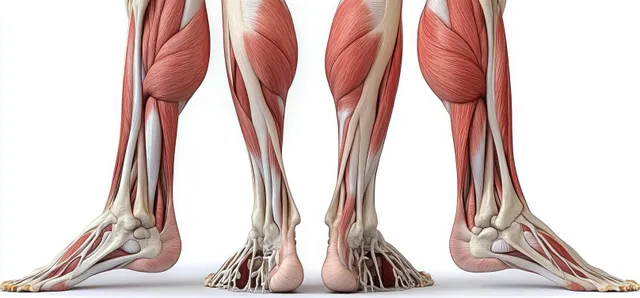Anatomical leg cutaway showing leg muscles and bones from front and back views