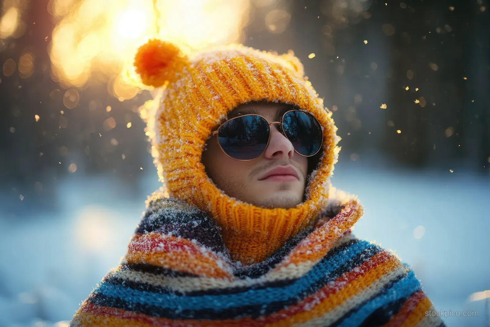 A small dog wearing a striped knit hoodie and wool cap poses in snowy conditions with blurred winter lights behind.