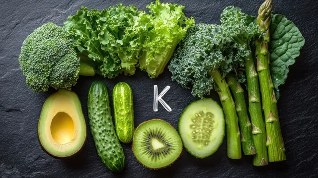 Fresh green vegetables and fruits arranged on dark slate to form the letter K.