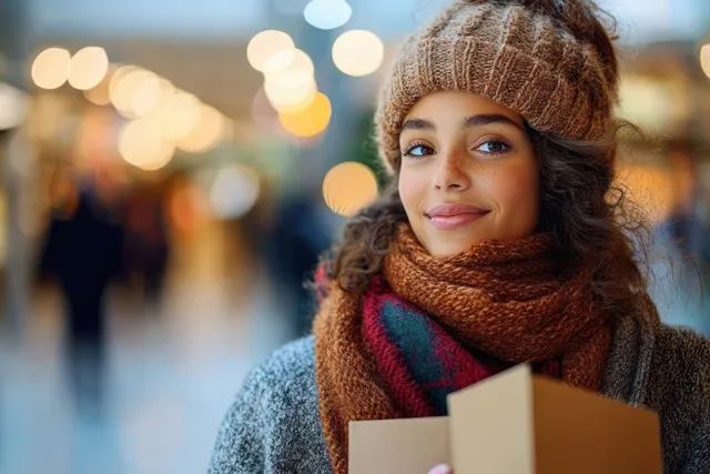 Smiling woman in a knit hat holds Christmas shopping bags in a mall with warm lights behind her.