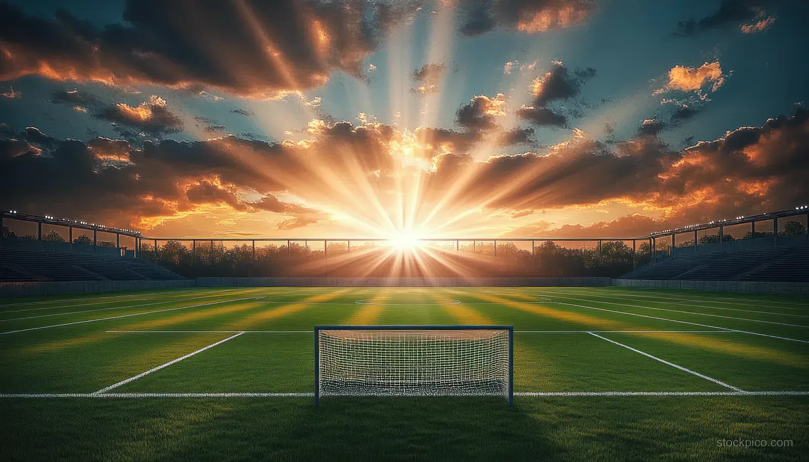 A soccer goal centered on a stadium field with the sun shining through dramatic storm clouds.