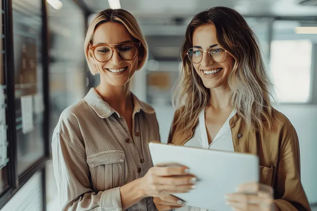 Two business women smiling while brainstorming with a tablet in a modern office hallway
