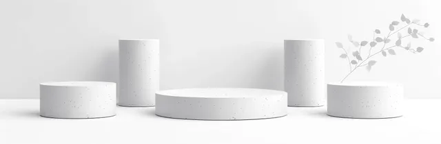 White cylinder podiums on clean studio floor with soft cast shadows, vector-style
