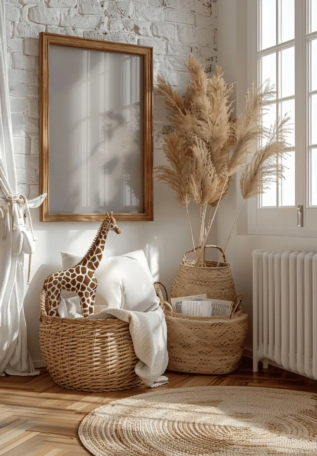 Cozy nursery corner with wooden frame mockup on wall and woven toy baskets near window