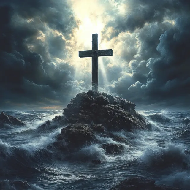 A wooden cross stands on a rocky outcrop as storm waves crash and rays of light break through clouds.