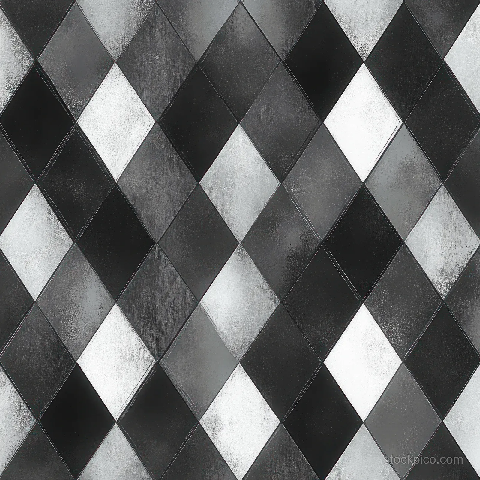 Repeating black, white, and gray diamond tiles forming a geometric mosaic pattern in close-up.