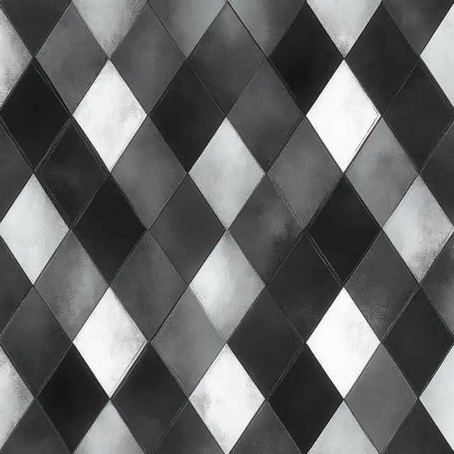 Repeating black, white, and gray diamond tiles forming a geometric mosaic pattern in close-up.