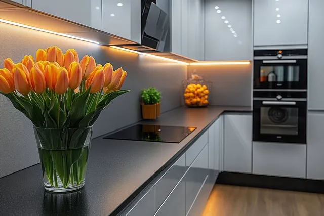 Modern minimalist kitchen with glossy white cabinets, black countertop, tulips centerpiece
