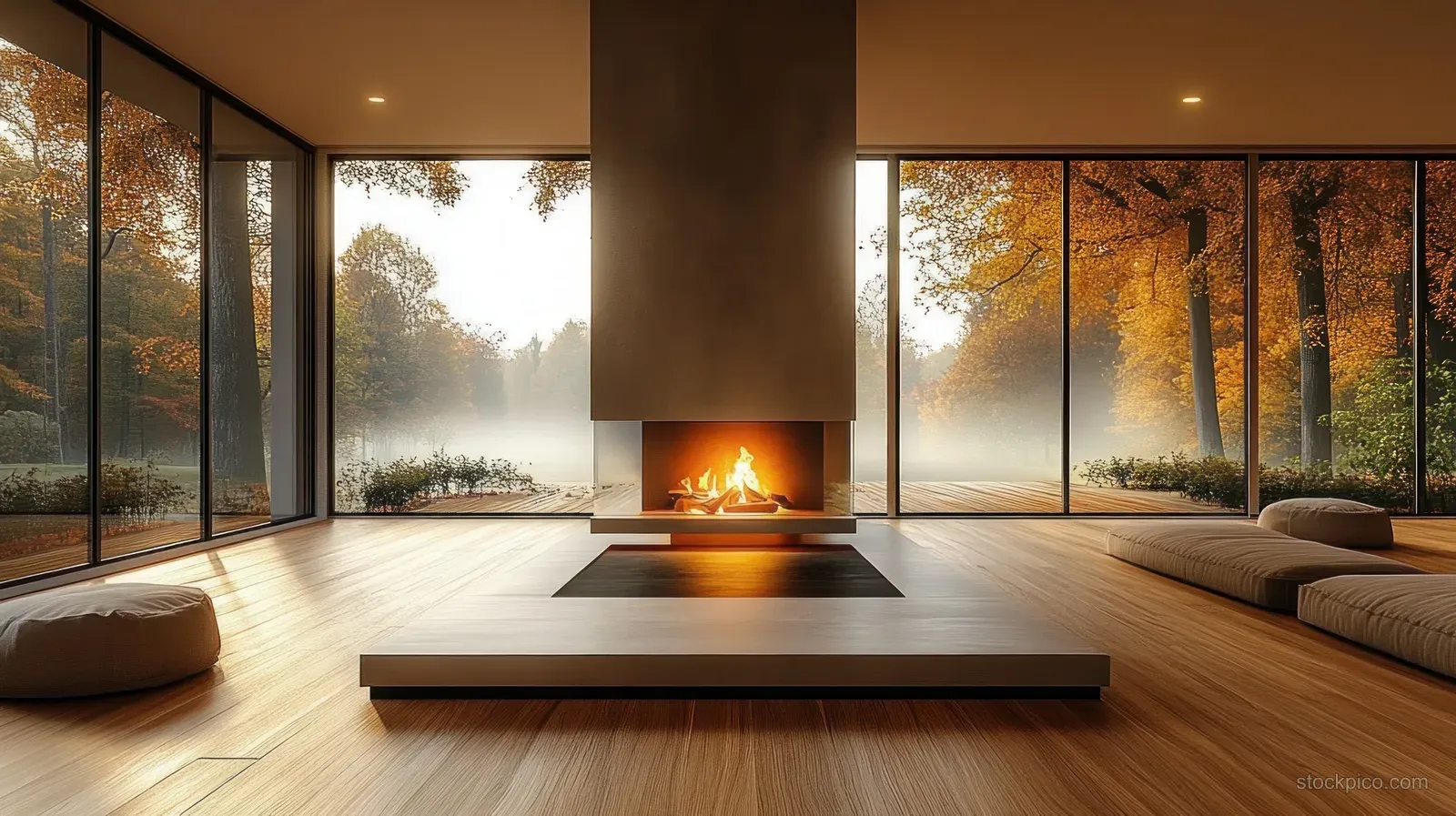 Fireplace glowing in a minimalist living room with wooden floor and floor-to-ceiling windows showing misty autumn trees outside.