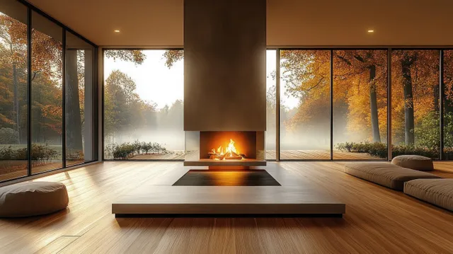 Fireplace glowing in a minimalist living room with wooden floor and floor-to-ceiling windows showing misty autumn trees outside.