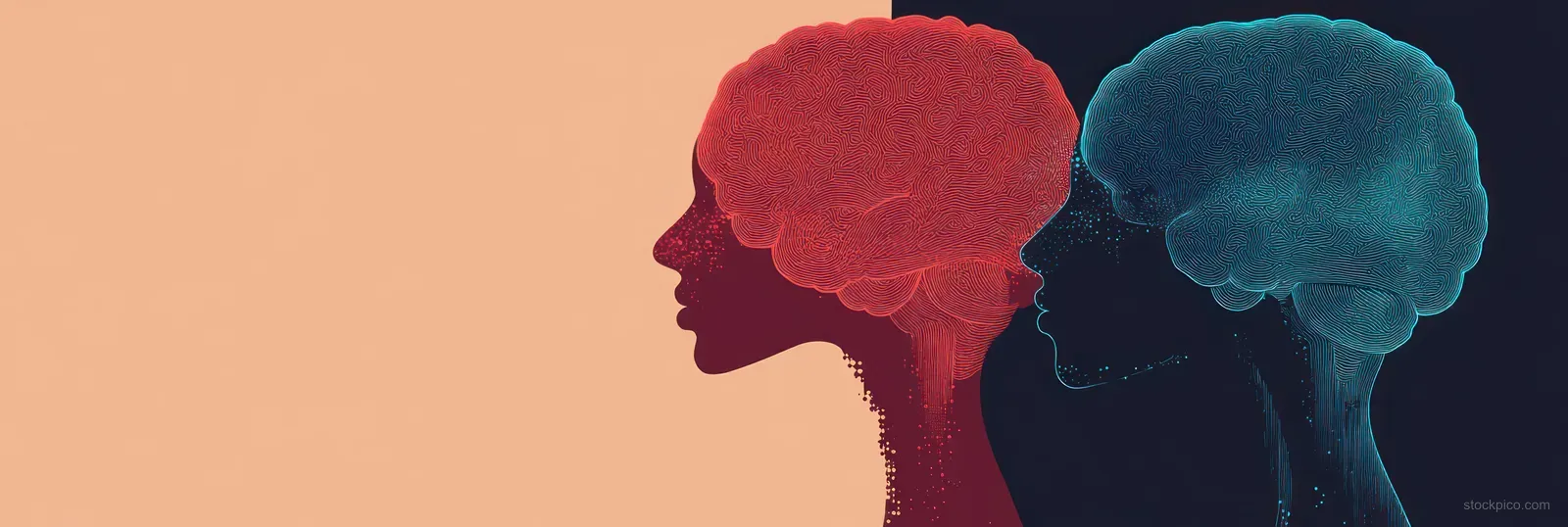 Overlapping side-profile head silhouettes in red and teal suggest shifting moods and mental state complexity.