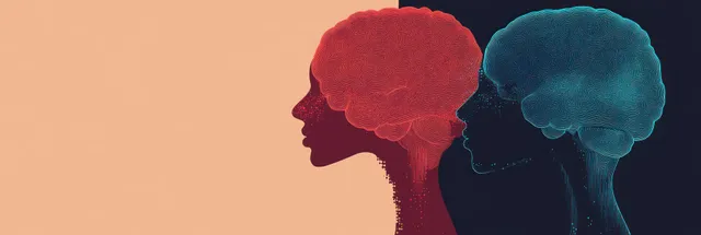 Overlapping side-profile head silhouettes in red and teal suggest shifting moods and mental state complexity.