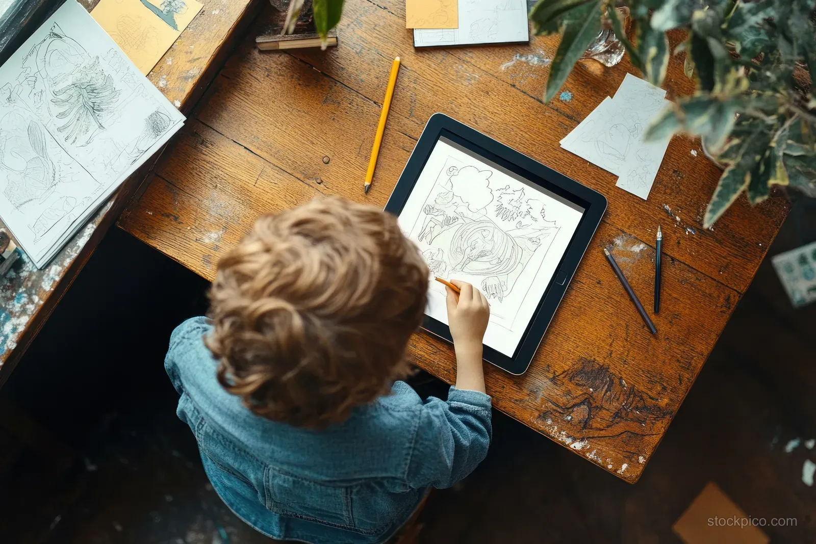 Child sits at a wooden table drawing fantasy sketches on a tablet beside scattered paper and pencils.