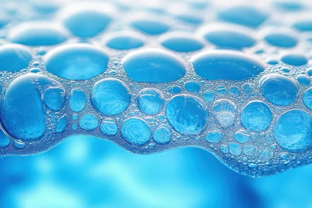 Blue soap bubbles cluster together on a glossy wet surface, with shimmering reflections.