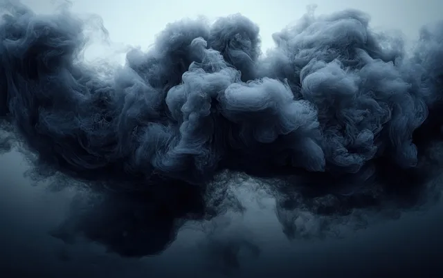 A thick black smoke cloud from an explosion billows upward, obscuring the sky with swirling fumes.