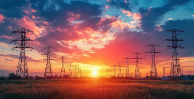Electric transmission towers stand in a grassy field beneath a vibrant sunset with colorful clouds.