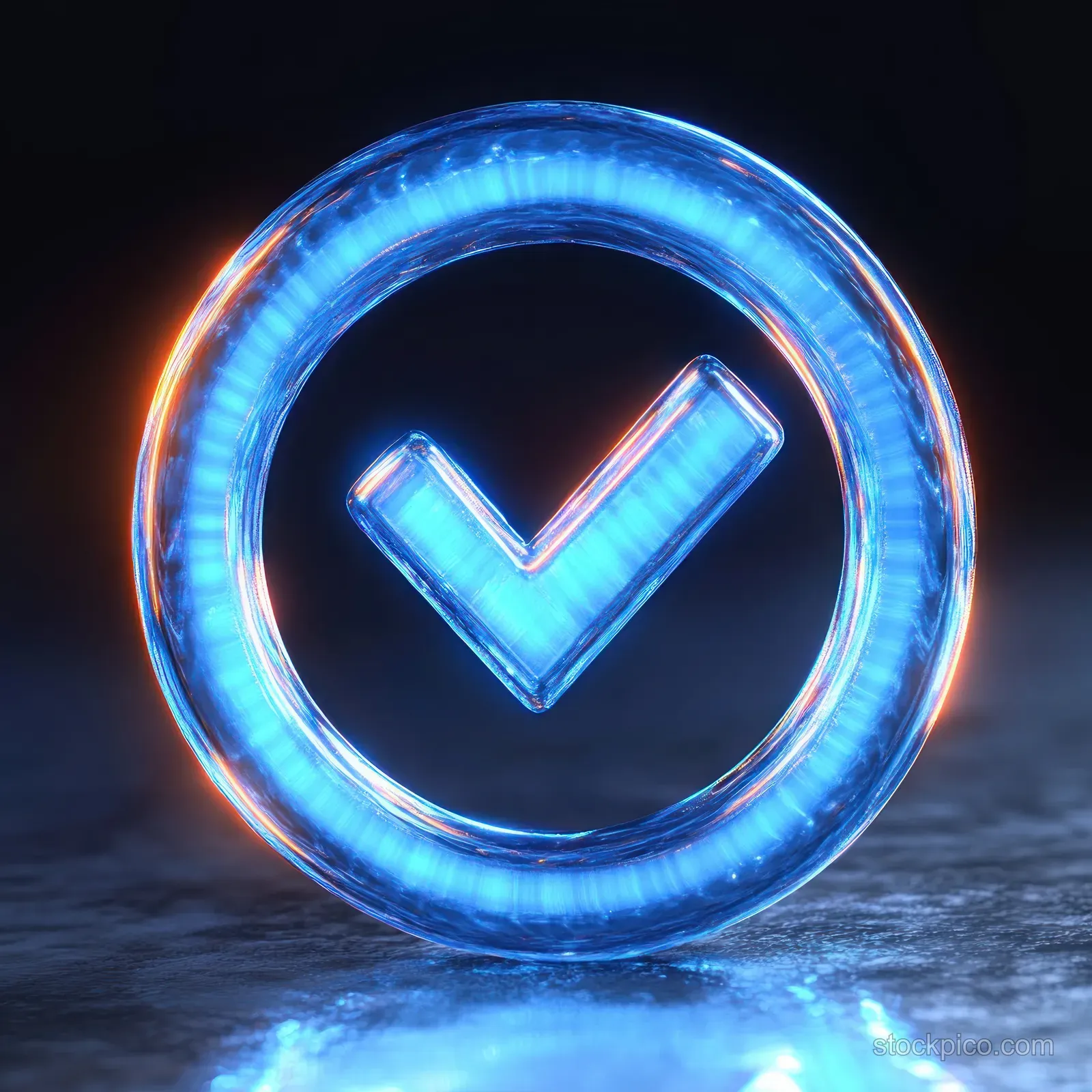 Glowing blue 3D checkmark inside a circular ring with soft ambient lighting on a dark background.