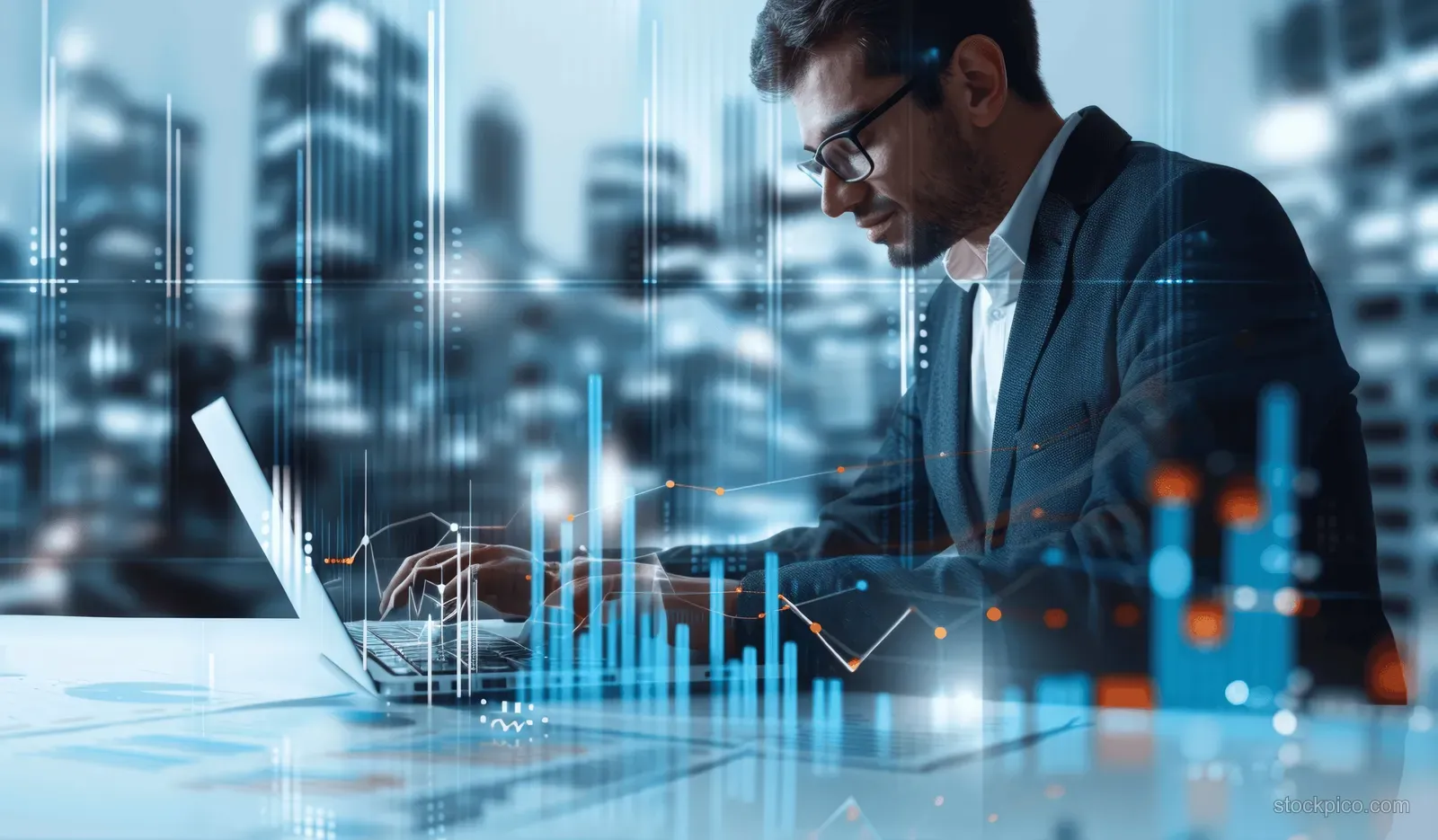 Businessman analyzing upward financial charts on a tablet and laptop with a blurred city skyline behind him.