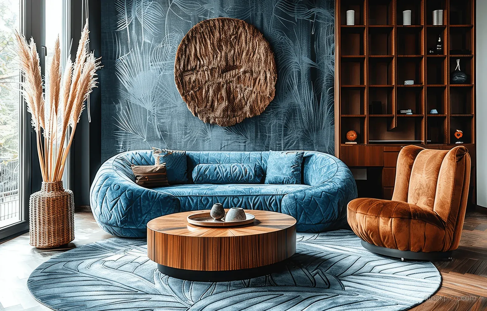 Blue curved sofa, leather armchairs, and a round wooden coffee table in a minimalist living room with wall art and rug.