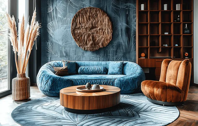 Blue curved sofa, leather armchairs, and a round wooden coffee table in a minimalist living room with wall art and rug.
