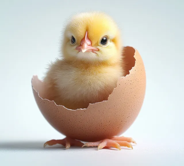 A small yellow chick hatches from a cracked brown eggshell on a plain studio background.