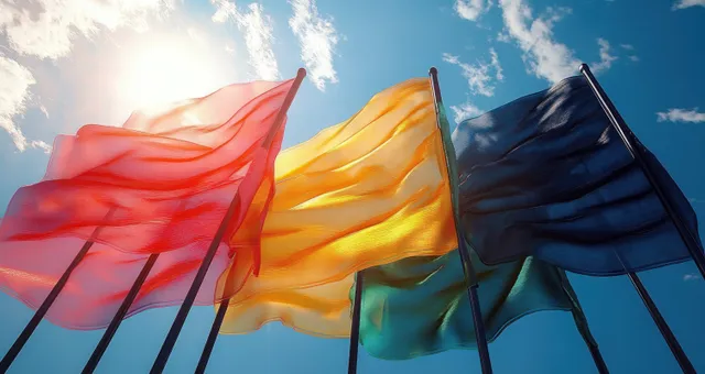 Tri-color flags flutter on poles against a bright blue sky in strong sunlight with visible shadows.