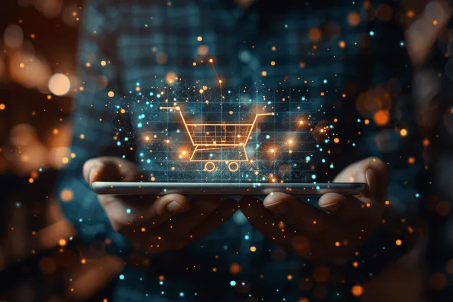 Businessman holding tablet with rising sales chart and glowing shopping cart icon