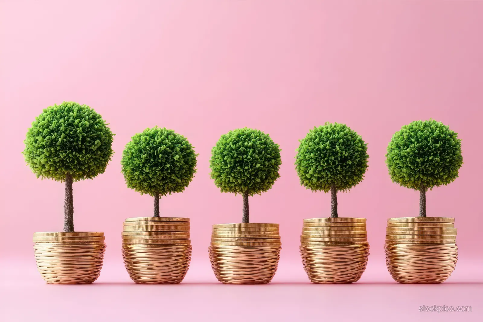 Five small green topiary trees in woven golden pots are lined up on a pink background.