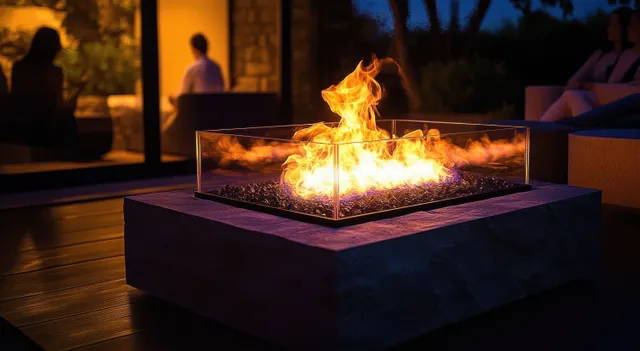 Friends and family relaxing around a glowing autumn fireplace at night