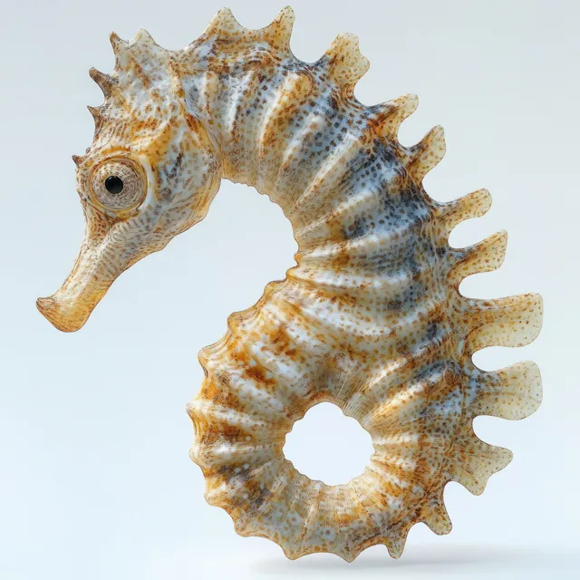 Close-up profile of a beige and brown spotted seahorse with curled tail and textured body on a plain white background.
