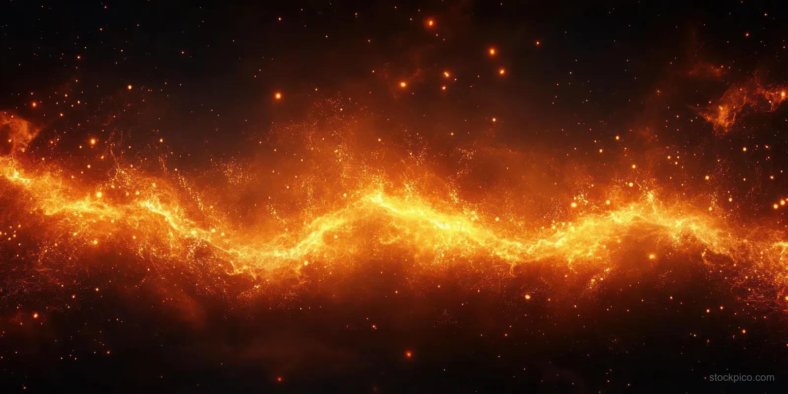 Fiery orange glow and ember particles create a lightning-like light trail across a dark abstract background.