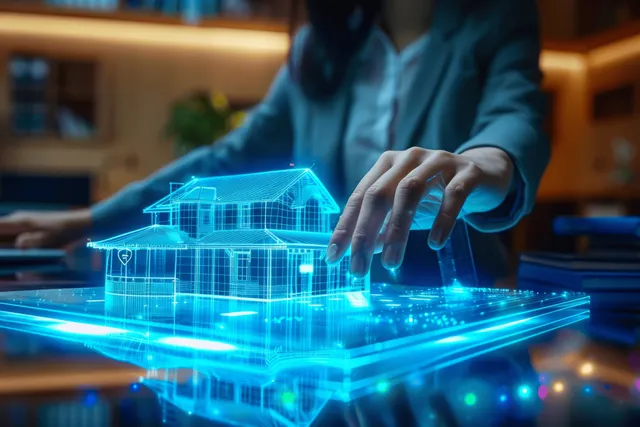 Businesswoman signs mortgage documents while projecting a holographic house model on a desk