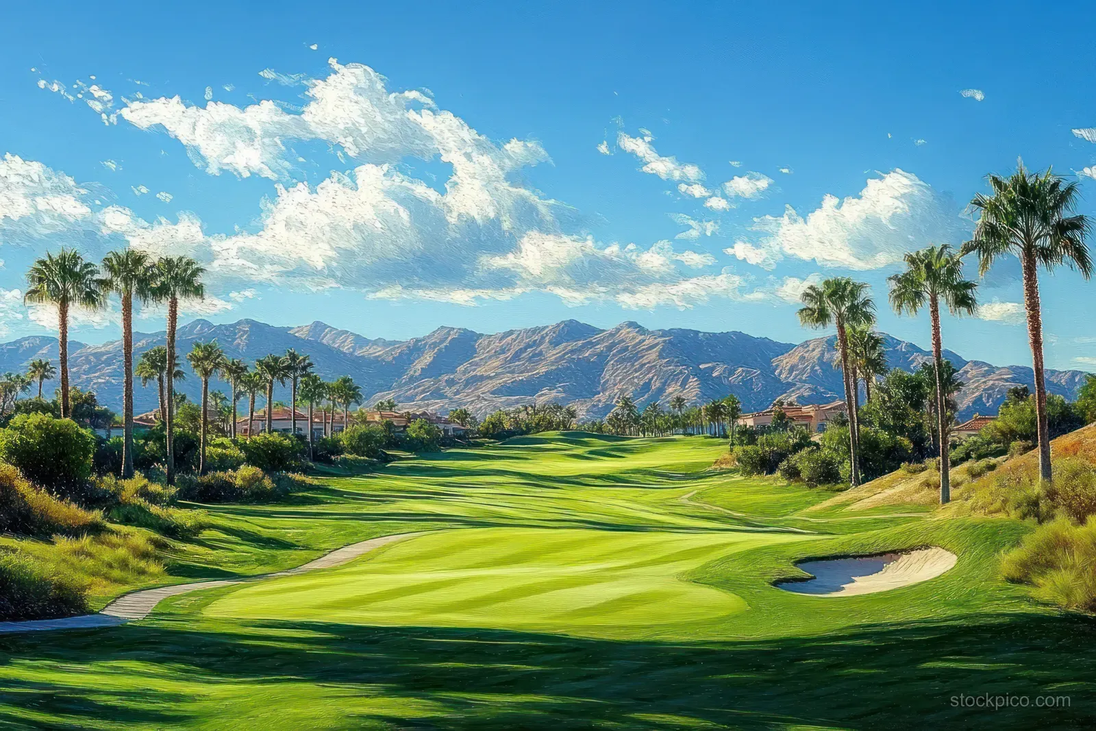 Sunlit green fairway curves between palm trees with mountains in the distance under a blue sky.