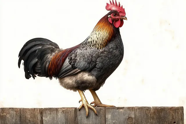 Colorful rooster stands on wooden fence with red comb, side view against clean white backdrop