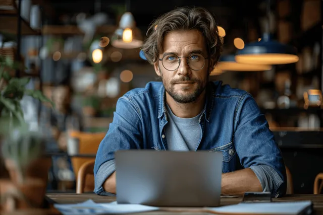 Focused man in glasses types on a laptop at a desk with warm lights and a softly blurred office background.