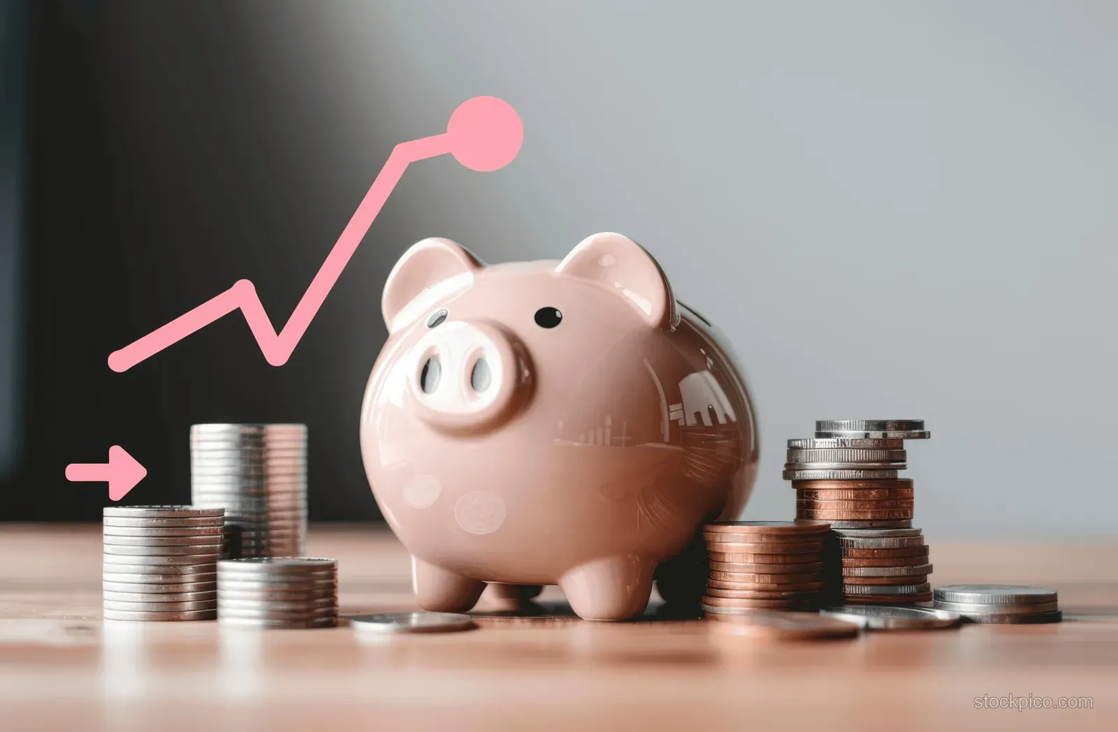 Pink piggy bank surrounded by stacked coins with a rising arrow graphic in the background.