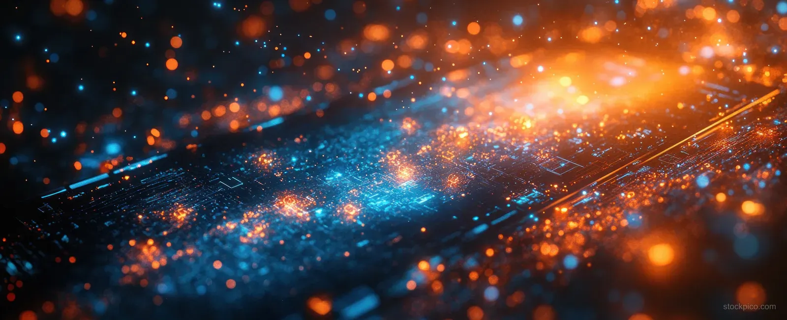 A glowing holographic network overlays a digital map with floating nodes and flowing data lines.