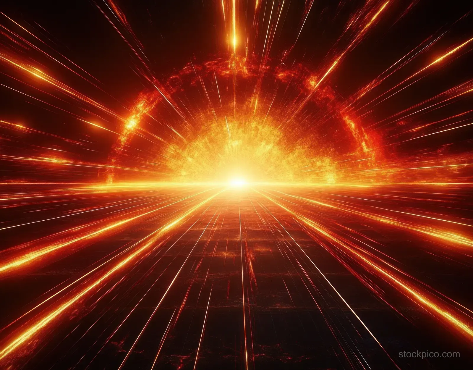 An orange explosion emits bright light beams over a dark grid background.