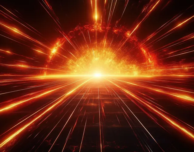 An orange explosion emits bright light beams over a dark grid background.