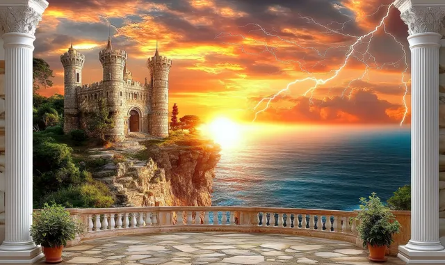 Medieval stone castle on a cliff above ocean, framed by columns, lightning at sunset