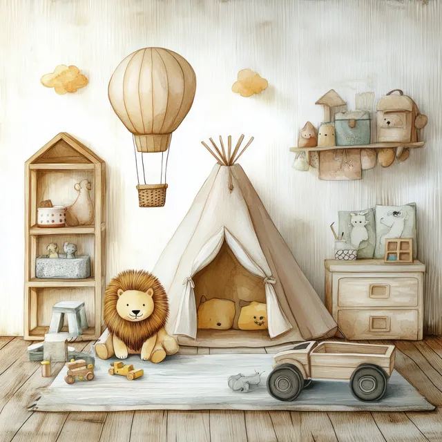 Watercolor children’s playroom with a teepee tent, lion plush, pastel toys, and shelves on a rug.