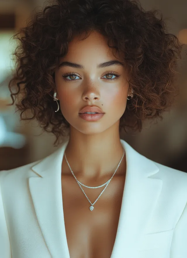 Woman with curly hair wearing a cream blazer and layered pearl necklace in soft indoor light.