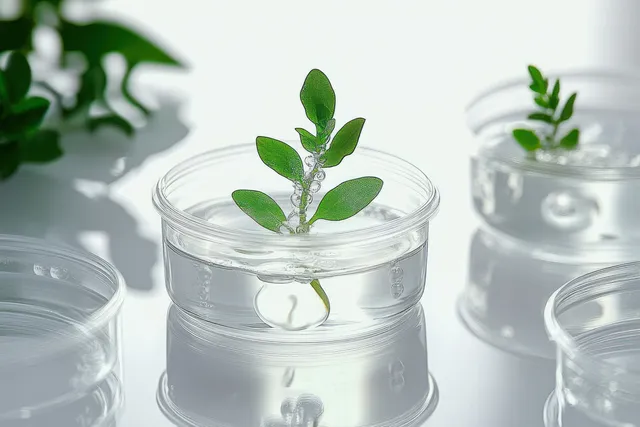 Green plant cuttings float in clear water inside transparent petri dishes with soft natural reflections.