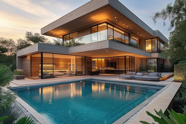 Modern two-story house lit at dusk with glass walls overlooking a rectangular pool