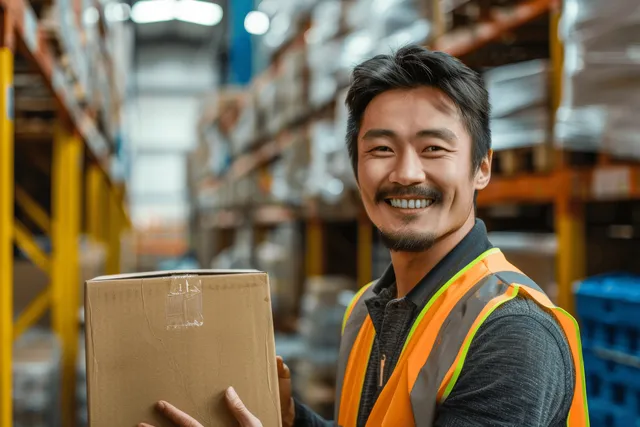 Smiling warehouse worker in a safety vest holds cardboard boxes in an industrial storage aisle with blurred shelves behind.
